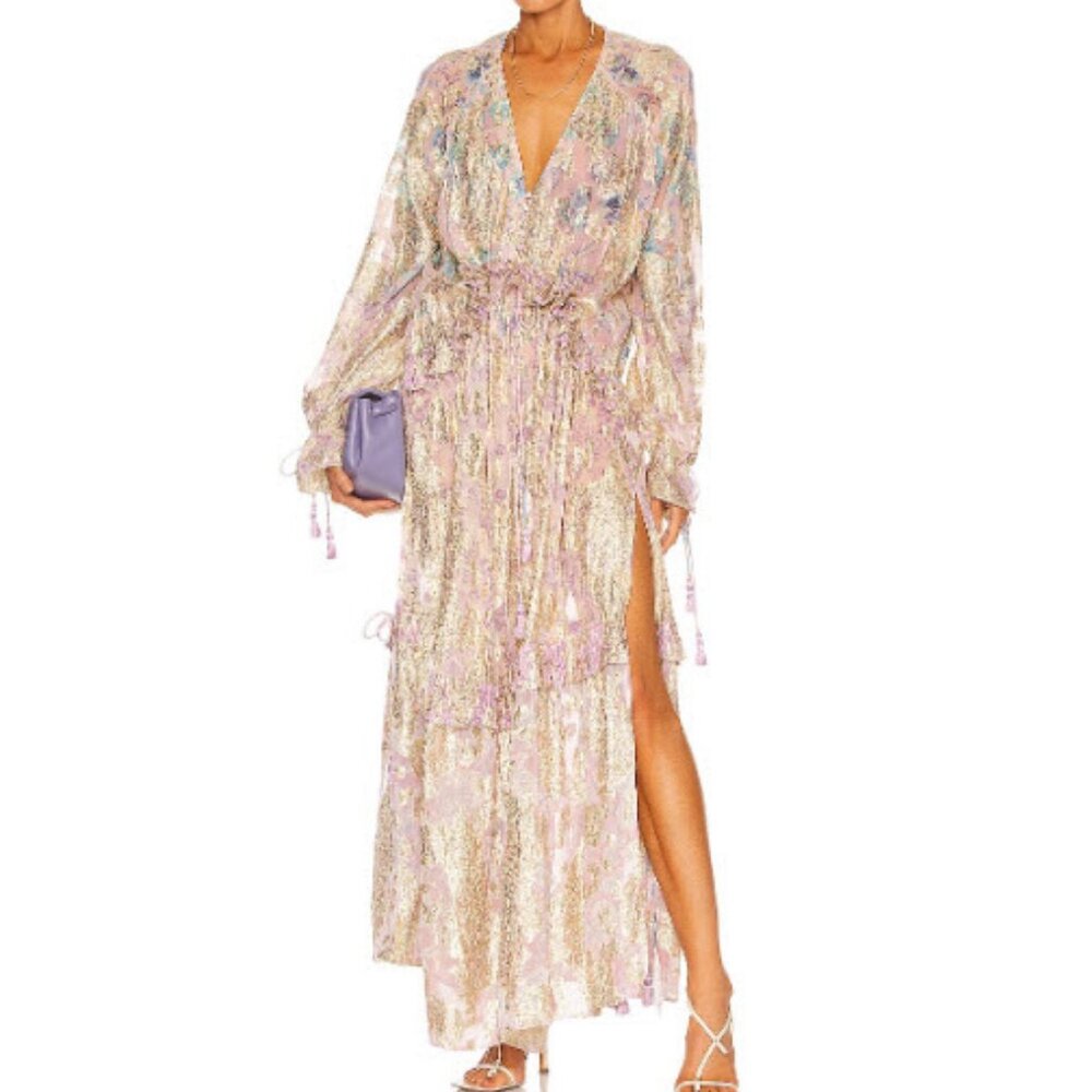 HEMANT & NANDITA Sahar Gold Pink Paisley Metallic Georgette Kaftan Dress - S